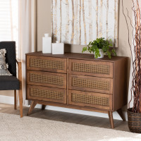 Baxton Studio MG9001-Rattan-6DW-Dresser Barrett Mid-Century Modern Walnut Brown Finished Wood and Synthetic Rattan 6-Drawer Dressere